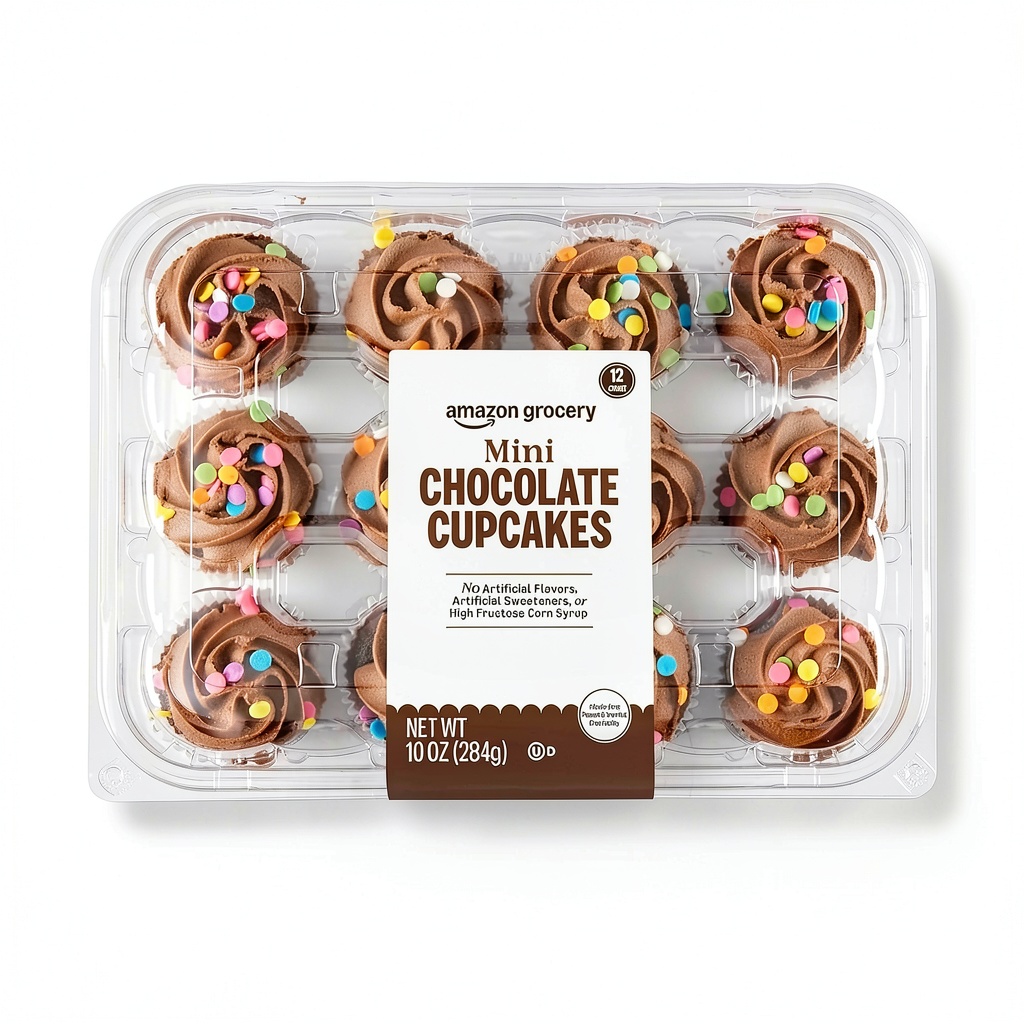 'Amazon Grocery frozen chocolate mini cupcakes displayed on a plate'