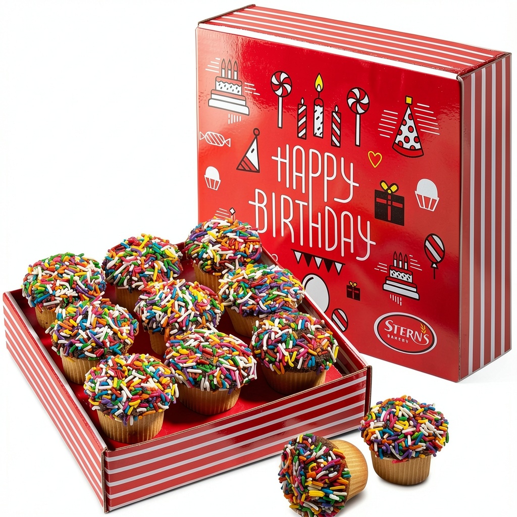 Installing Sterns Bakery Mini Sprinkle Cupcakes Kosher Nut Free on a wooden desk