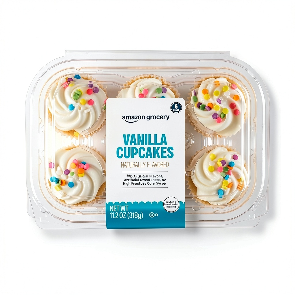 'Amazon Grocery Frozen Vanilla Cupcakes displayed on a plate'